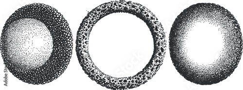 Three abstract circular designs featuring intricate dot patterns in black and white.
