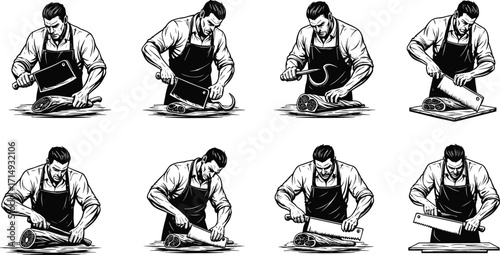 Set of strong butcher illustrations cutting meat with cleaver and saw, professional food preparation worker vintage style vector design.
