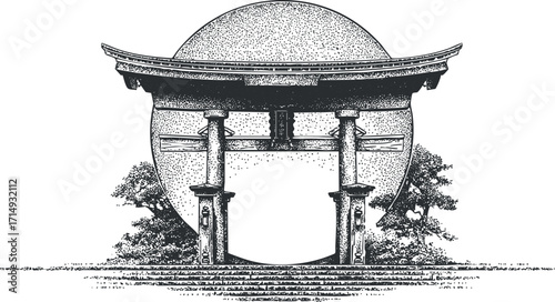 A detailed illustration of a torii gate framed by a circular design, symbolizing Japanese culture.