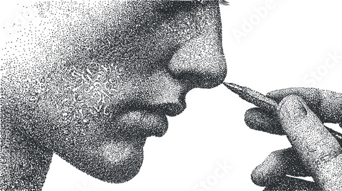 A detailed black and white illustration of a hand drawing a nose on a face.