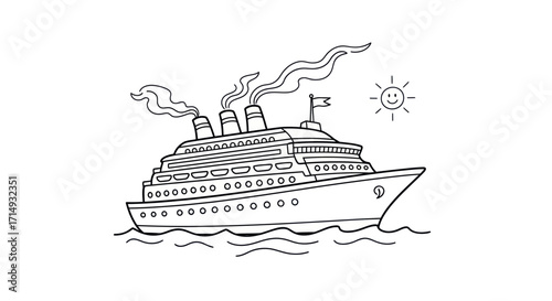 A detailed line drawing of a large cruise ship sailing on the ocean.