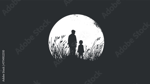 A silhouette of a father and child standing together under a full moon in nature.