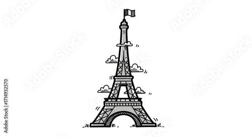 Hand-drawn Illustration of the Eiffel Tower with Clouds and Flag.
