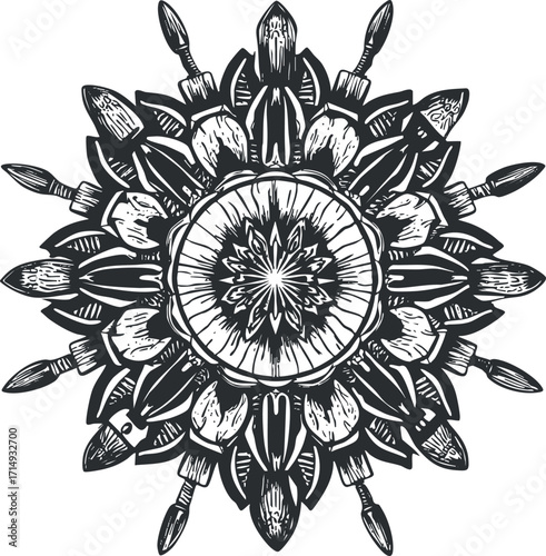 A detailed black and white mandala design featuring paintbrushes and floral elements.