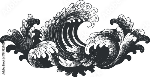 A stylized black and white illustration of ocean waves with intricate details and curves.