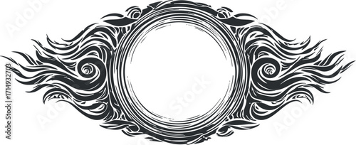 Ornate decorative frame with swirling patterns and a central circular space for text or images.