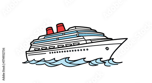A stylized illustration of a large white cruise ship with red-topped funnels sailing on blue waves.
