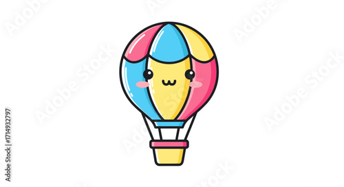 Cute Cartoon Hot Air Balloon with Smiling Kawaii Face.