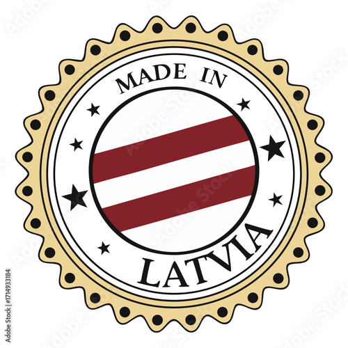 Made in latvia seal with latvian flag emblem and decorative border