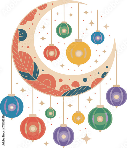 Crescent Moon with Hanging Lanterns and Stars Illustration on Black
