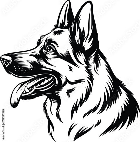 Detailed Black and White Vector Illustration of a German Shepherd Dog Profile Depicting Loyalty and Canine Beauty with Artistic Hatching and Open Mouth
