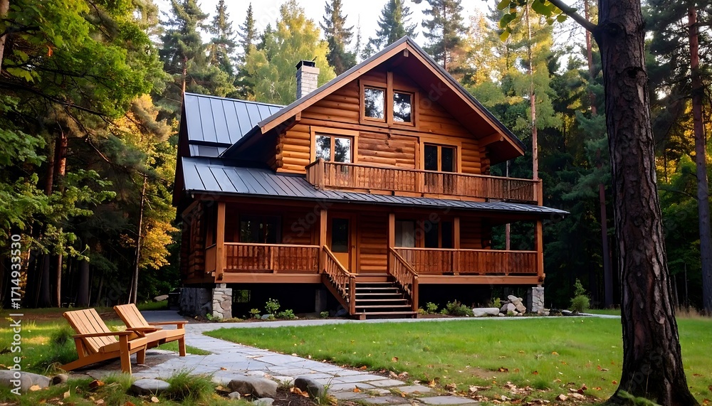 Fototapeta premium Rustic log cabin nestled in autumn forest