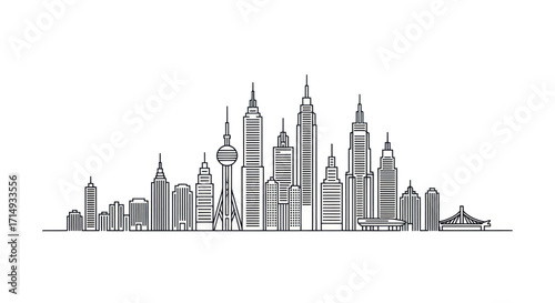 Modern City Skyline Outline Sketch with Tall Urban Buildings and Skyscrapers.