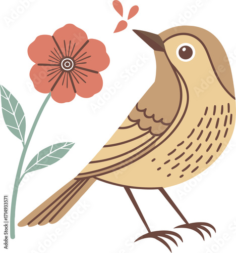 Decorative Bird and Blooming Flower Clipart Isolated on White