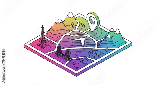 Colorful Isometric Map Illustration with Landmarks and Location Pin.