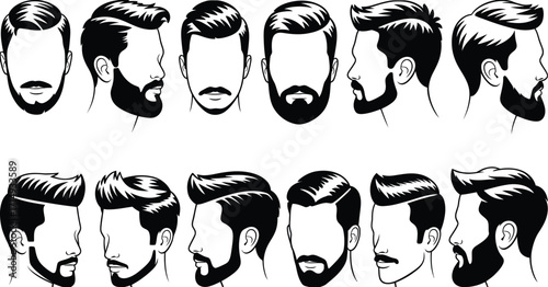 Diverse male haircuts and beard styles in vector format perfect for barbershop designs and grooming illustrations showcasing modern trends in mens fashion
