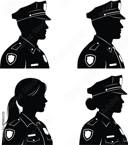 Diverse silhouettes of law enforcement officers embodying authority and community service showcasing both male and female figures in classic police uniforms promoting equality and inclusivity