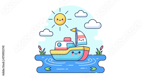 Adorable Kawaii Sailboat Floating on Water Under a Sunny Sky.