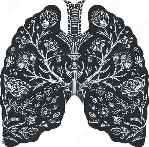Intricate black and white illustration of lungs filled with floral designs symbolizing health and nature.