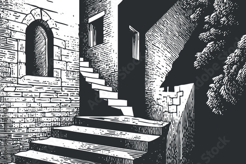 A vintage black and white illustration showcasing stairs leading to a building with architectural details.