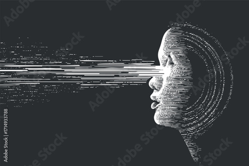 Stylized digital illustration of a human face emitting sound waves in a modern design.