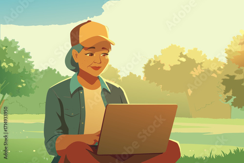 Elderly woman in denim jacket and baseball cap sitting on grass in park with laptop, sun flares