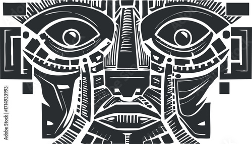 A stylized black and white illustration of a tribal face with intricate geometric patterns.