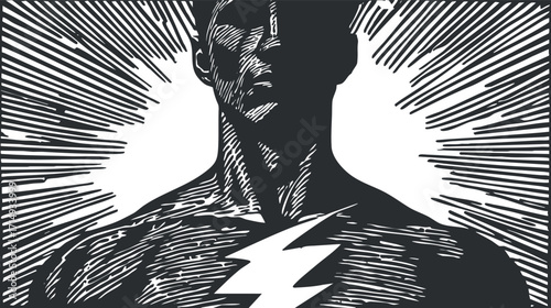 A bold black and white illustration of a superhero radiating power with a lightning bolt.
