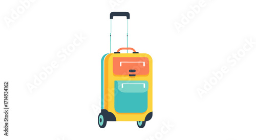 A colorful illustrated rolling travel suitcase with yellow turquoise and orange pockets and an extended handle.