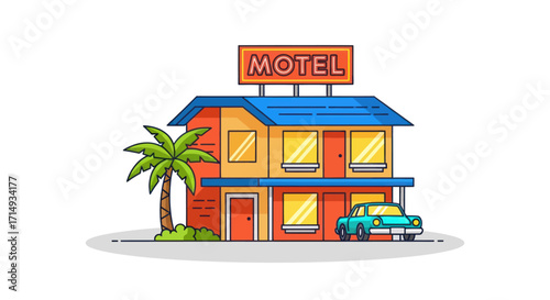 Cartoon Illustration of a Colorful Motel Building with Car.