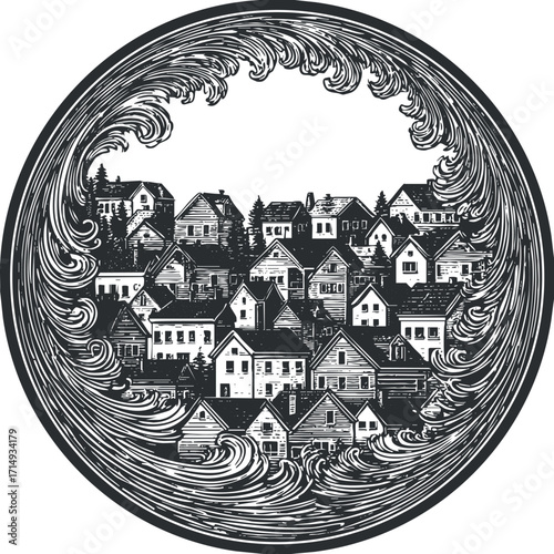 A stylized illustration of a village surrounded by waves in a circular design.