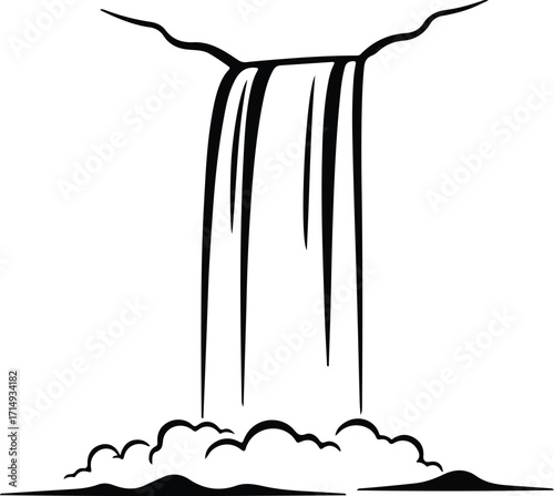 Vector Simple waterfall cascades down rocks landscape silhouette Illustrator