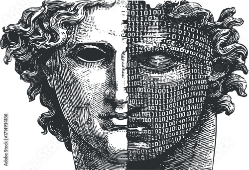 An artistic representation of a human face split with binary code, exploring the theme of digital transformation.