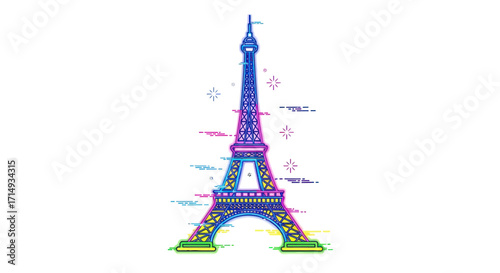 Stylized Eiffel Tower illustration with a vibrant rainbow gradient and sparkling digital glitch effects.