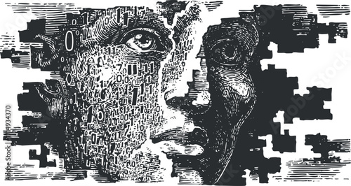 A creative illustration depicting a digital face composed of binary code and abstract patterns.