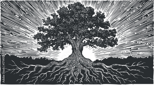 A striking black and white illustration of a tree with exposed roots and radiating light.