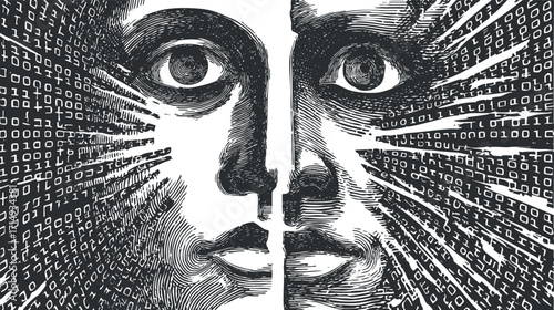 An abstract digital illustration depicting two faces with binary code and expressive eyes.