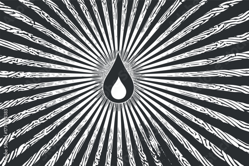 An abstract design featuring a central water drop with radiating lines in black and white.
