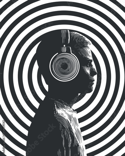 A silhouette of a person wearing headphones against a hypnotic spiral background emphasizing music and sound.