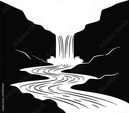 Vector Waterfall flowing between cliffs landscape nature illustration silhouette Illustrator