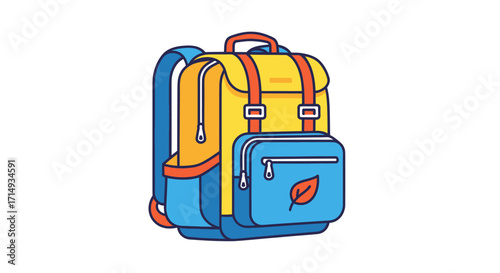 Colorful cartoon backpack with yellow and blue design red straps and a leaf icon.