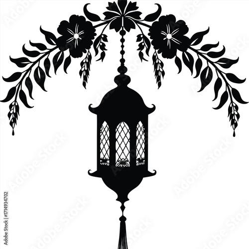 Black silhouette floral arch with hanging lantern and tassel
