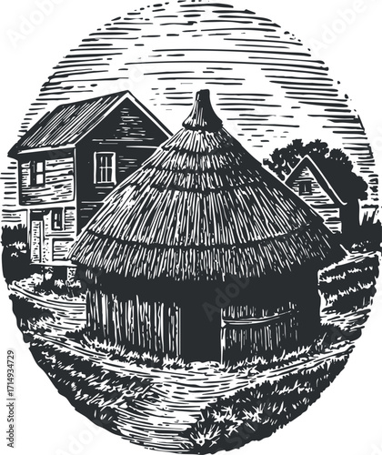 A vintage illustration of a rural village featuring traditional houses and a thatched roof cottage.