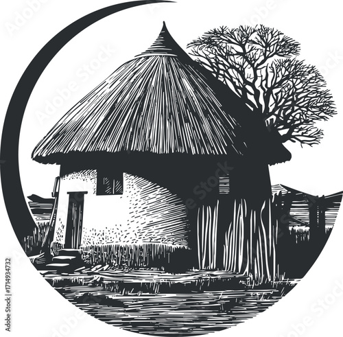A traditional thatched hut surrounded by nature in a circular artistic design.