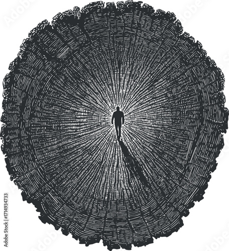 A stylized illustration of a tree trunk with rings and a human silhouette walking through.