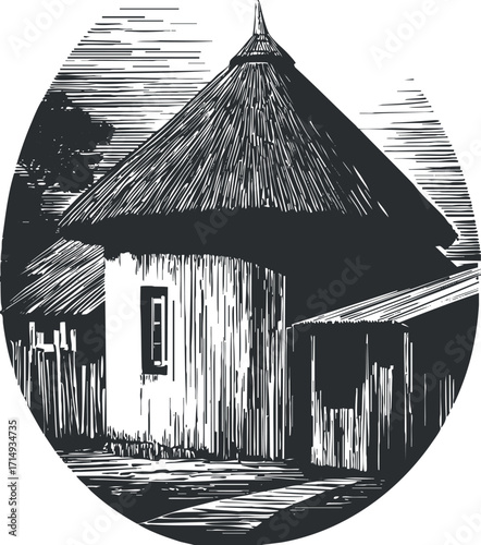 Illustration of a traditional thatched-roof hut in a rural village setting.