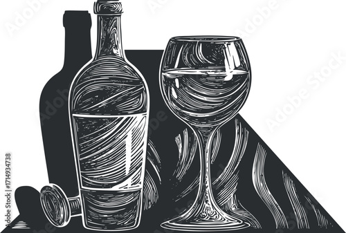 Stylized illustration of a wine bottle and glass on a table, perfect for beverage themes.