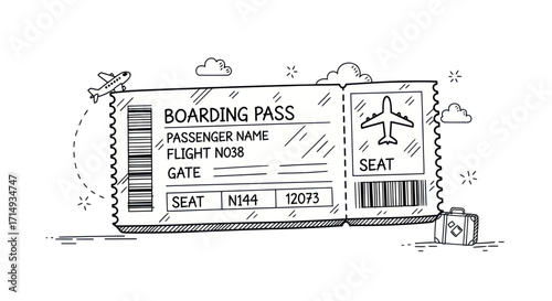 Hand-drawn illustration of a boarding pass with airplane and clouds.