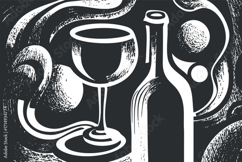 An artistic illustration of a wine glass and bottle on a textured background.
