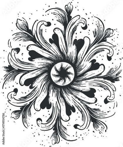 Intricate floral design featuring swirling petals and a central circle in black and white.
